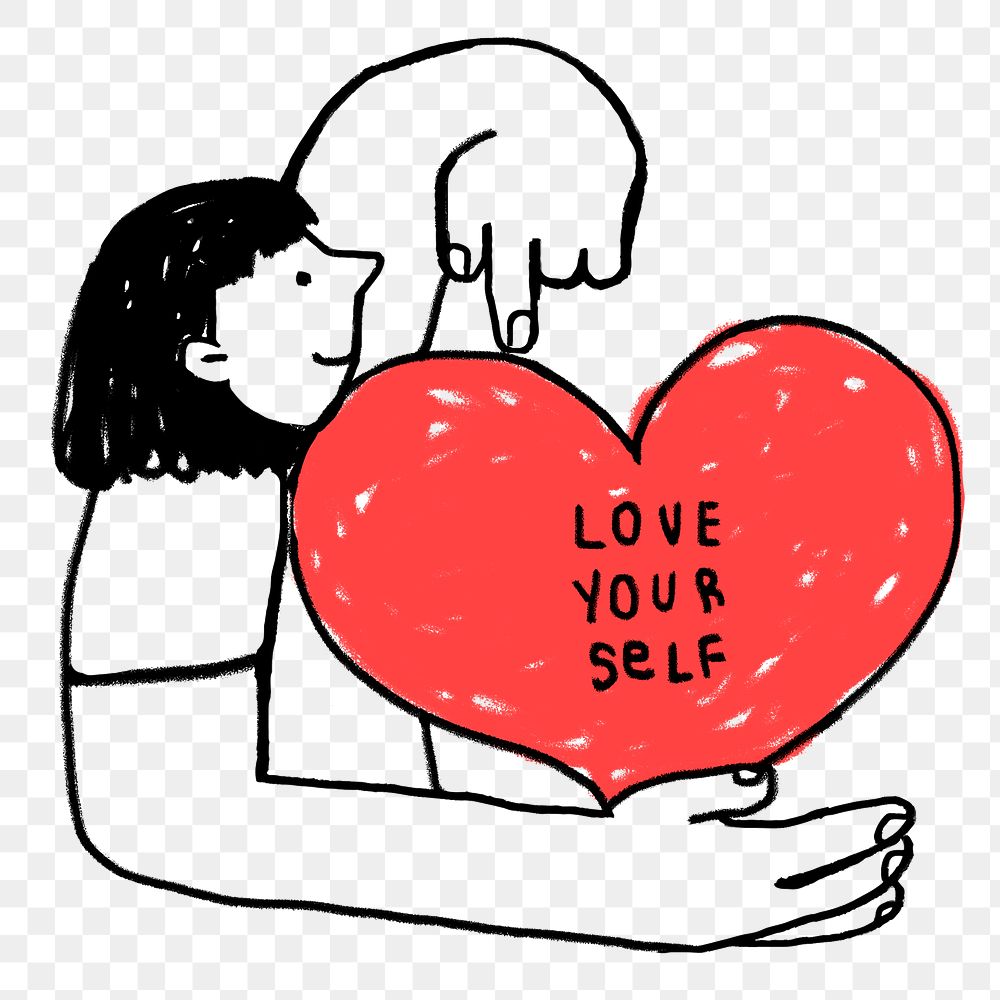 Png woman avatar holding love yourself red heart health and wellness campaign