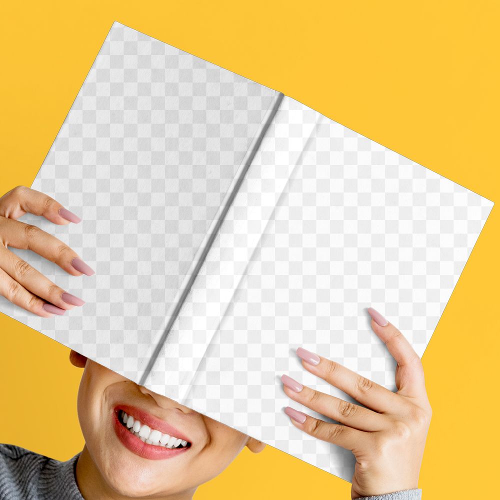 Png transparent book mockup covered by a woman's hands
