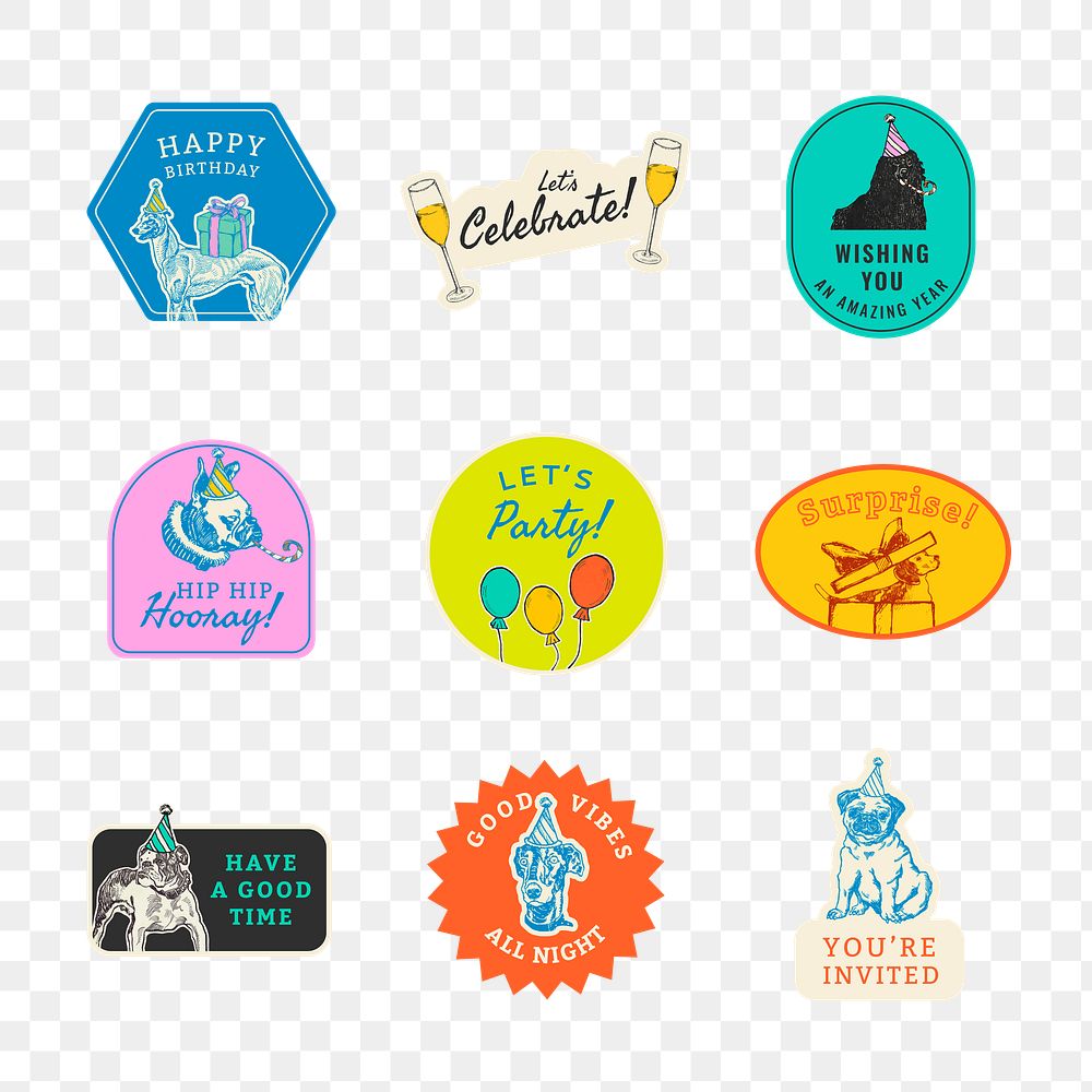 Png happy birthday badge stickers set, remixed from artworks by Moriz Jung
