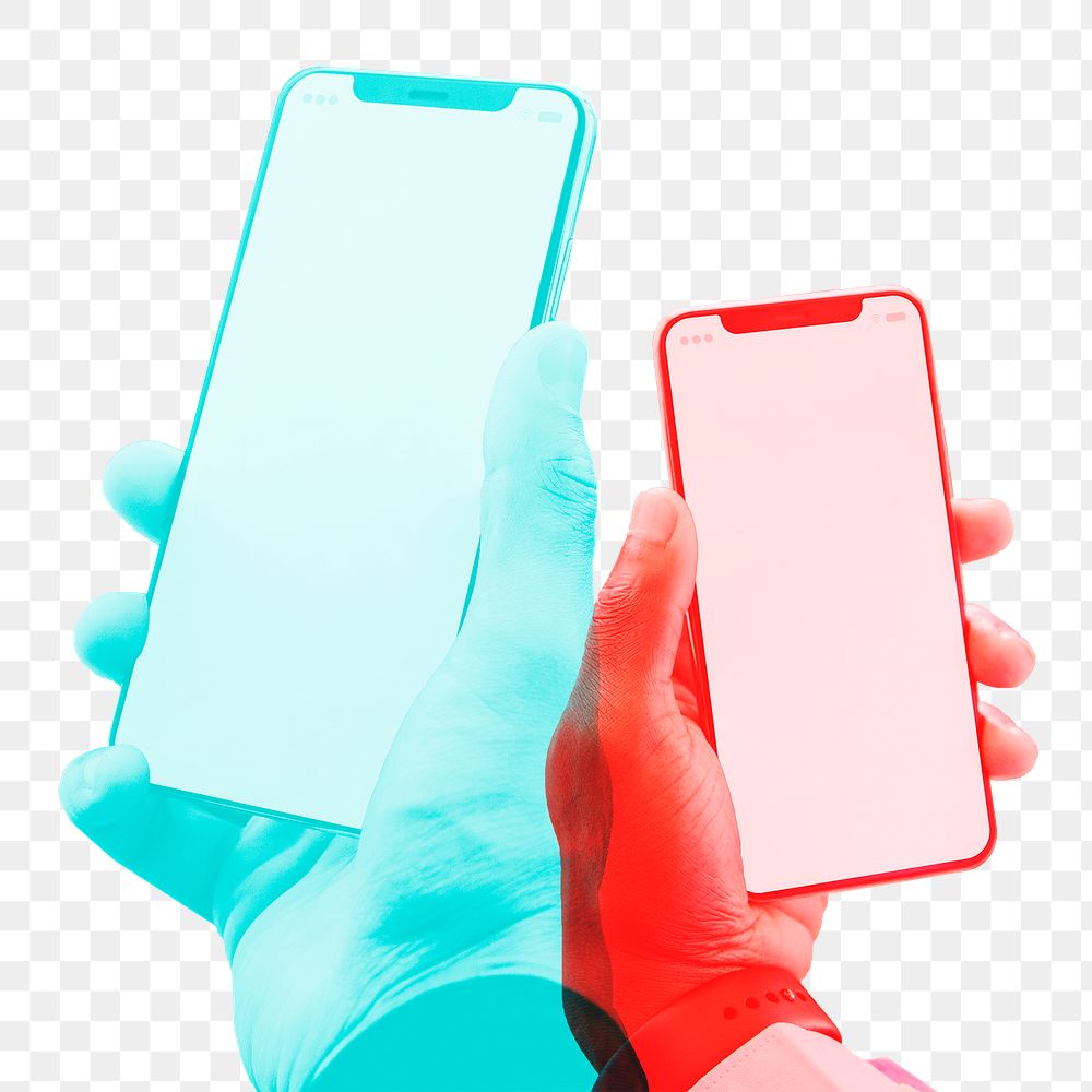 Png smartphones with blank screens in double color exposure effect