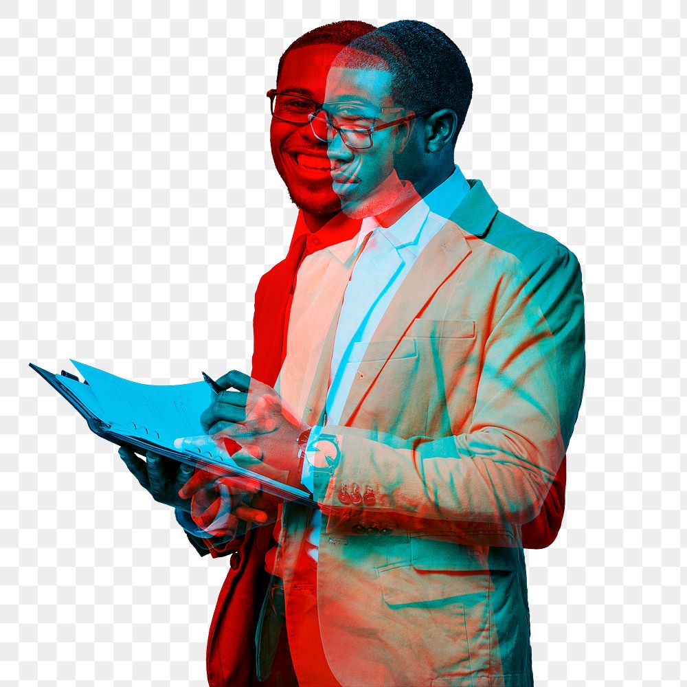 Businessman png taking notes in double color exposure effect