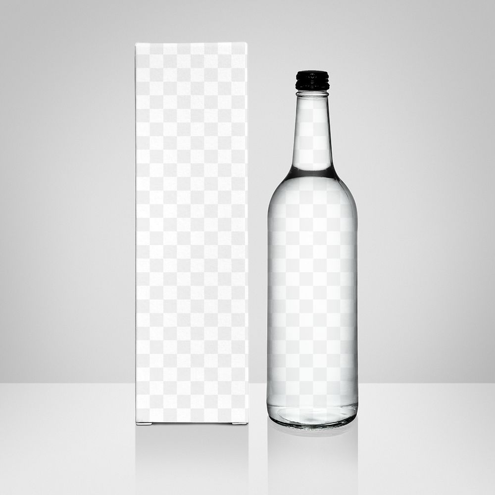 Glass bottle and box png transparent mockup on white backdrop