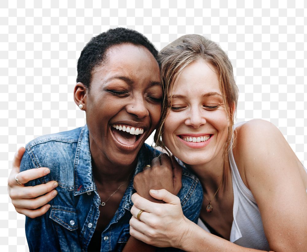 Happy women png laughing with her friend and embracing each other