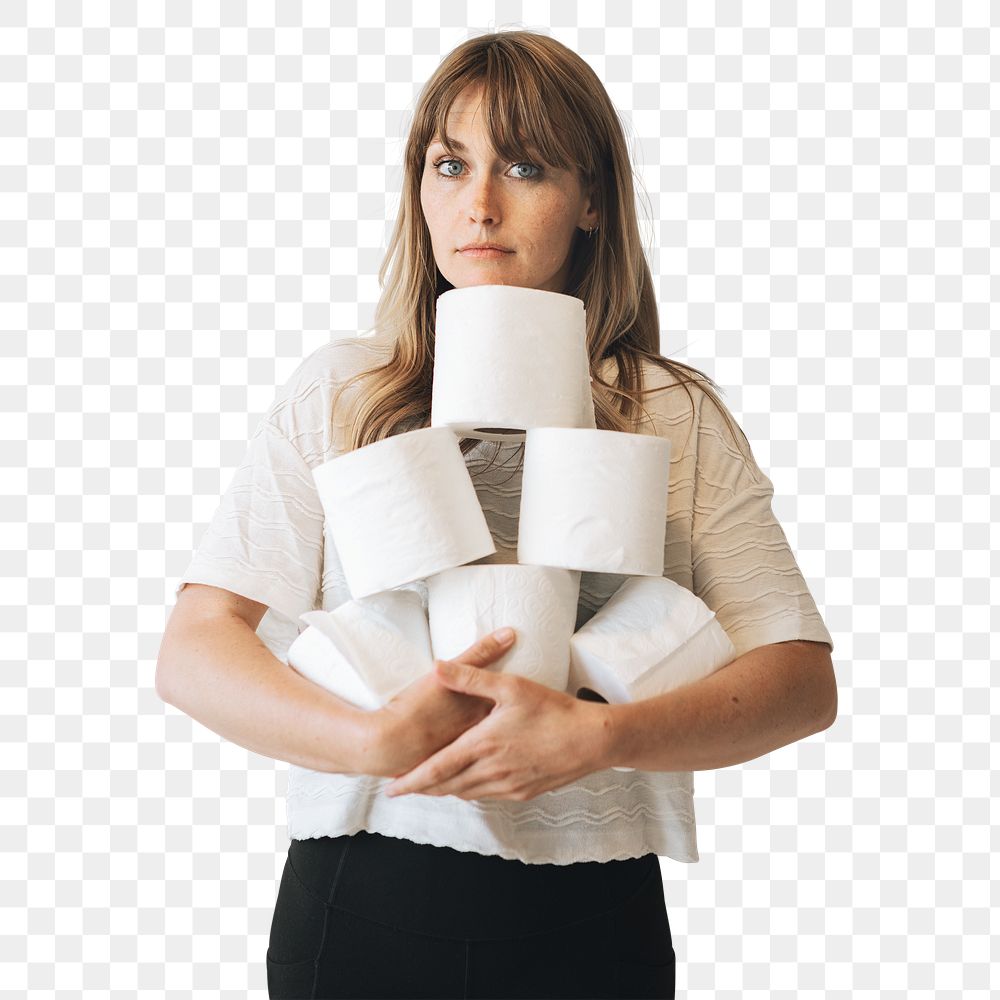 Woman with a pile of toilet tissue rolls