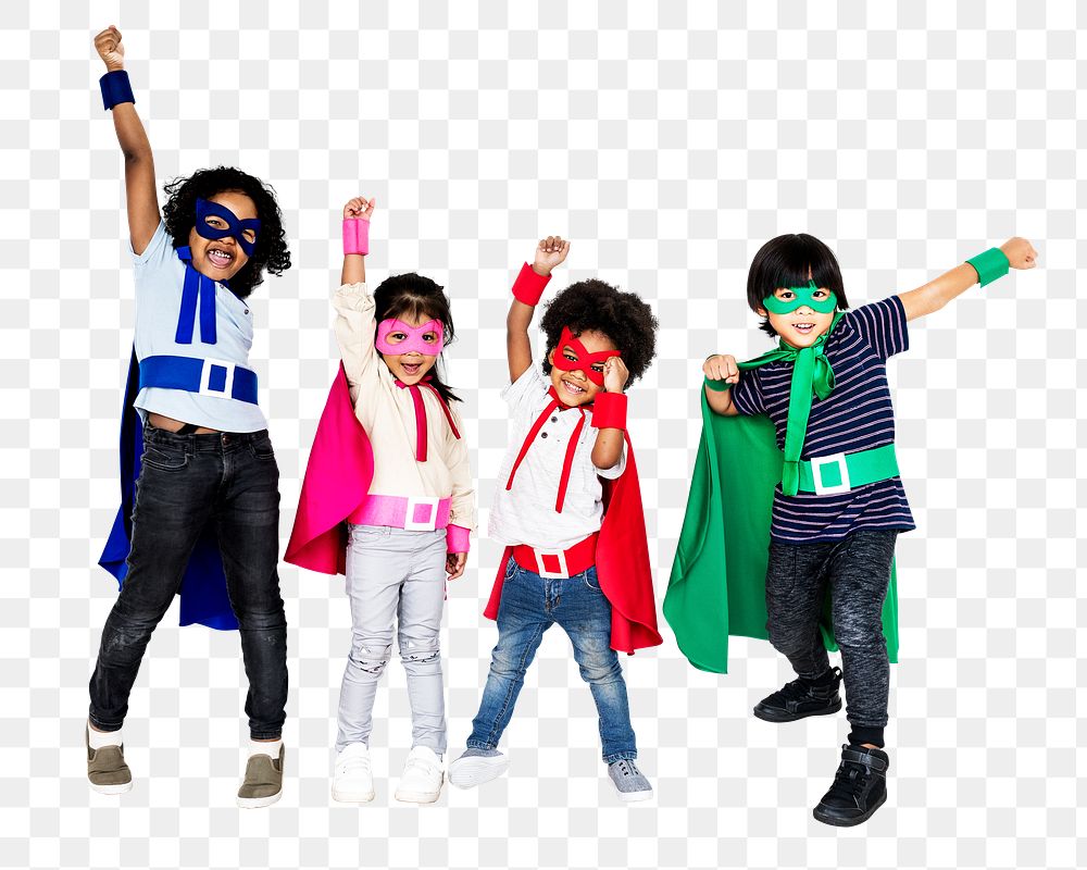 Superhero kids png clipart, cute costumes, transparent background