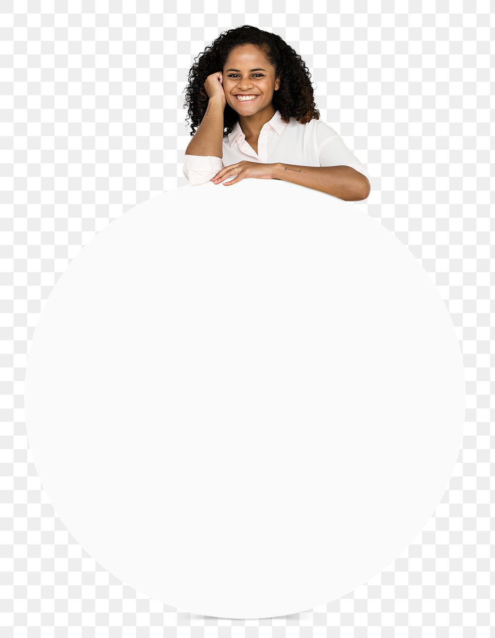 Cheerful black woman with an empty round board transparent png