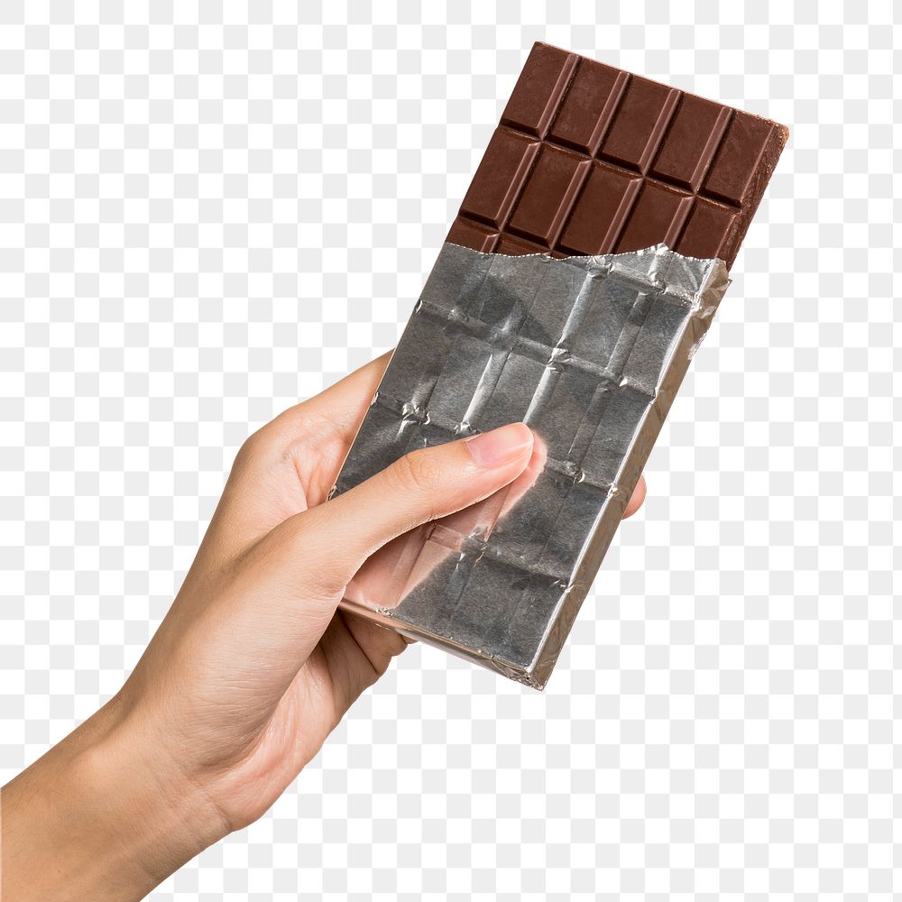 Hand holding a chocolate bar in a foiled package design element