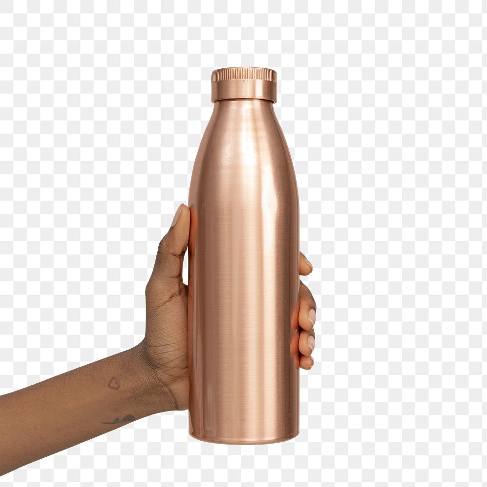Hand holding a copper stainless steel bottle element transparent png