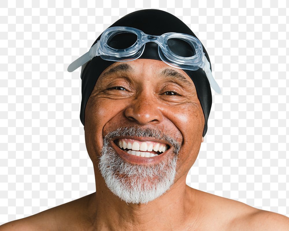 Senior man png transparent, wearing swimming glasses portrait
