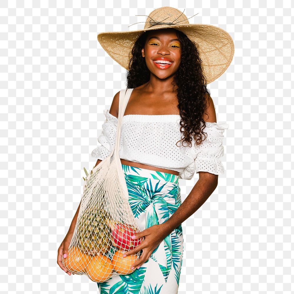 Beautiful woman using a net bag when buy fruits mockup