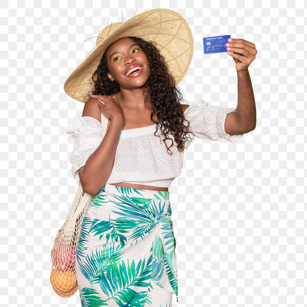 Tanned woman enjoying her summer vacation using a credit card mockup 