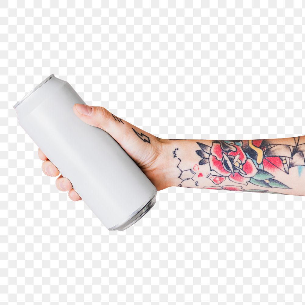 Hand holding a white aluminum can transparent png