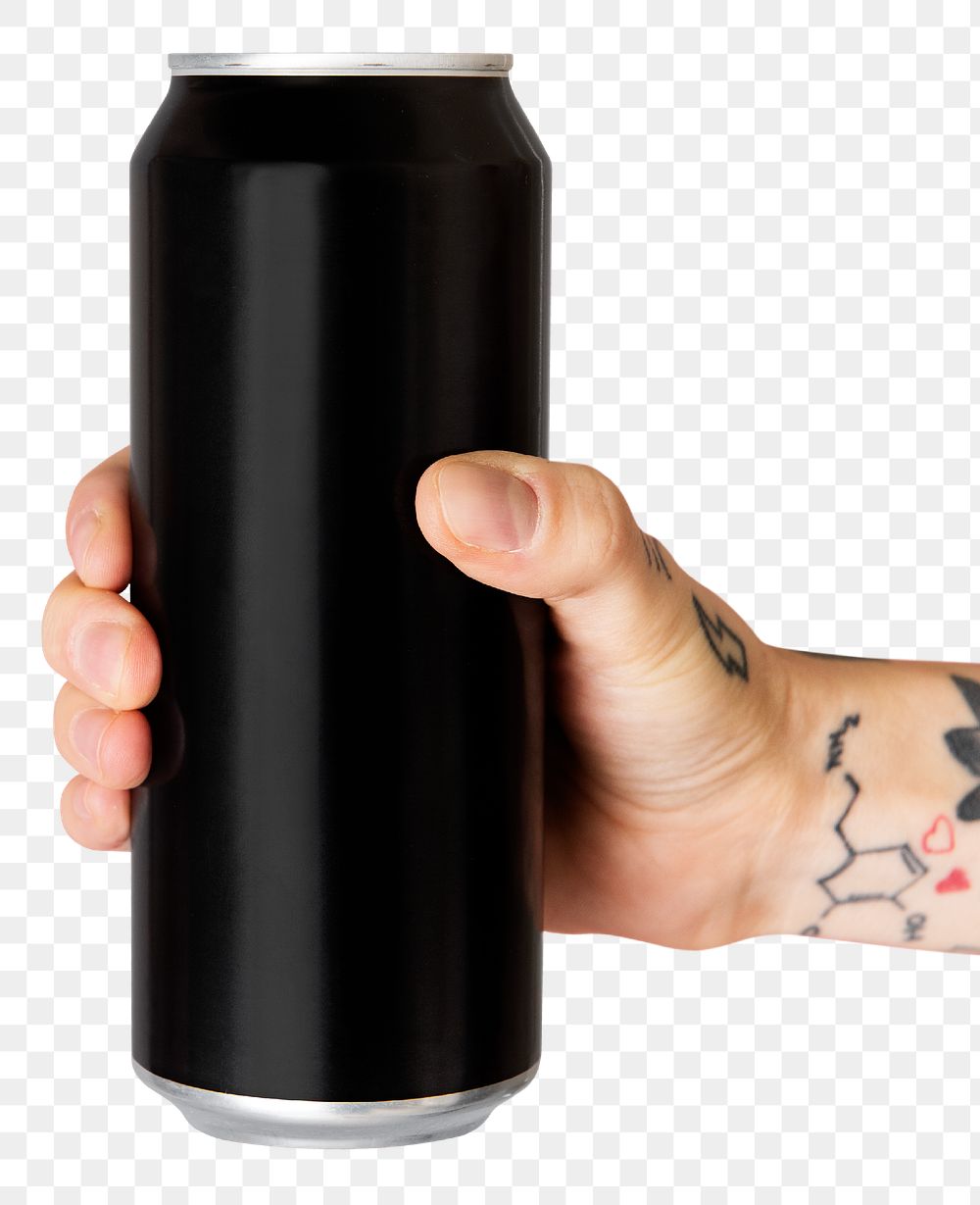 Hand holding a black aluminum can transparent png