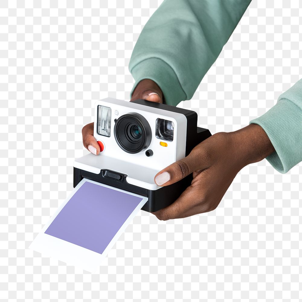 Hands holding an instant camera transparent png
