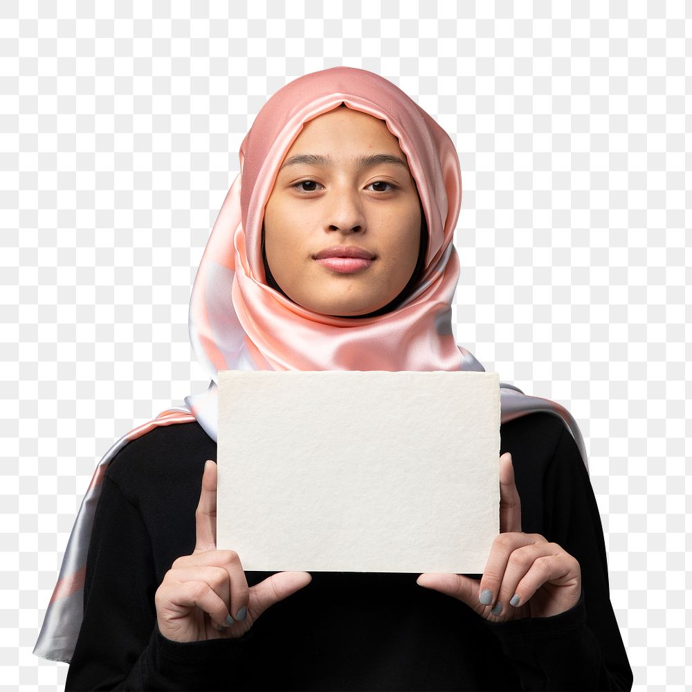 Muslim woman showing an invitation card transparent png