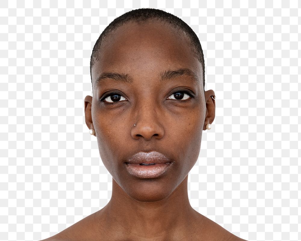 African woman png transparent, face portrait with skinhead