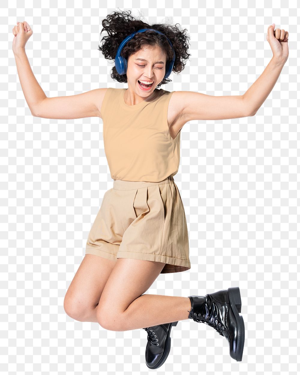 Happy woman png mockup wearing headphones and listening to music