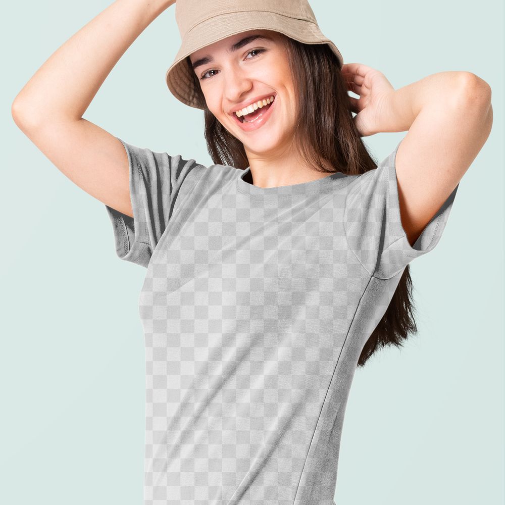Woman png mockup in transparent t-shirt dress casual wear apparel