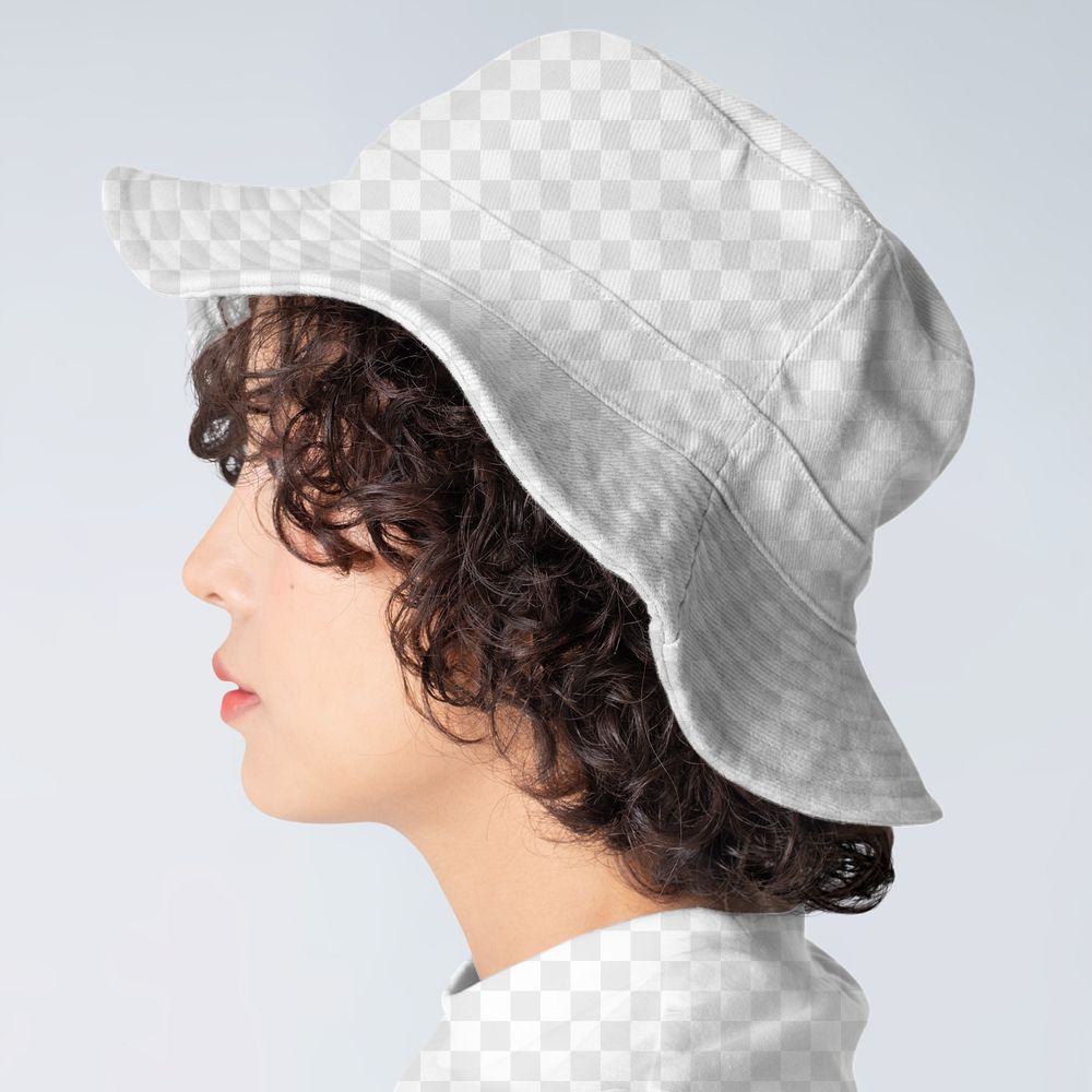 Png bucket hat and t-shirt mockup on woman with short curly hair
