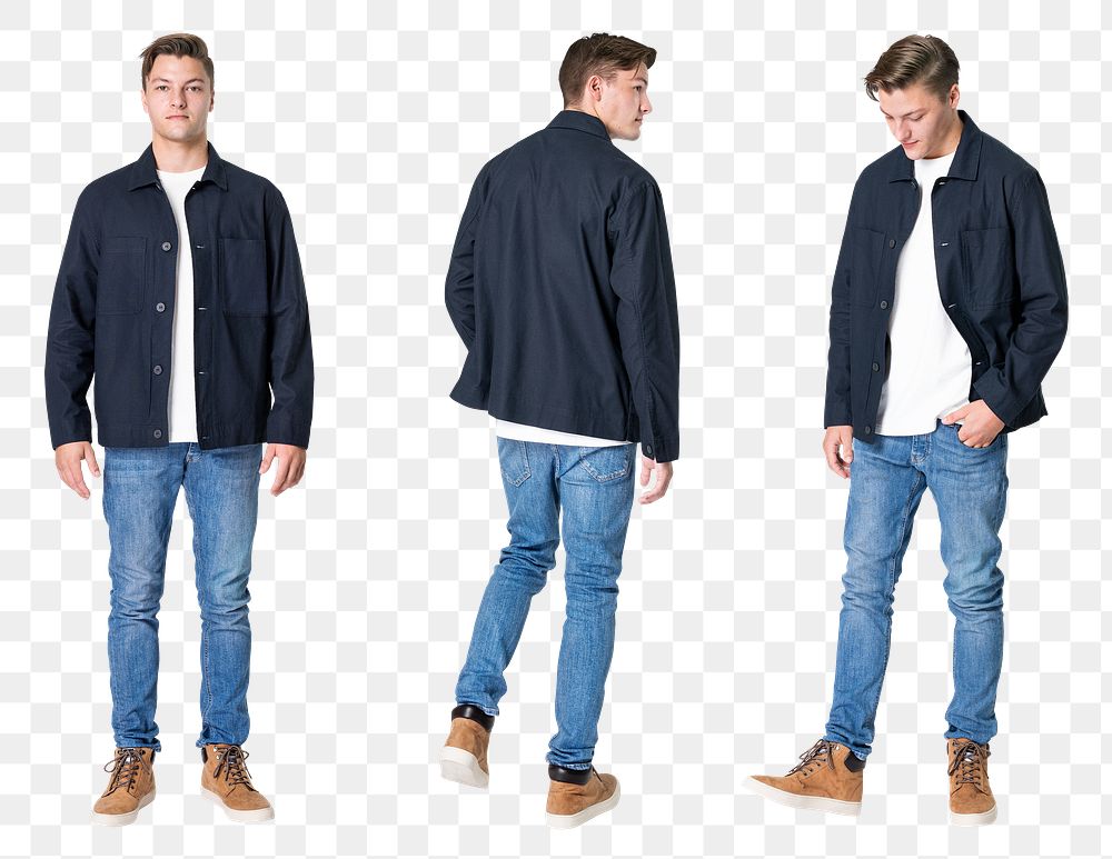 Man png mockup in navy jacket and jeans casual fashion set