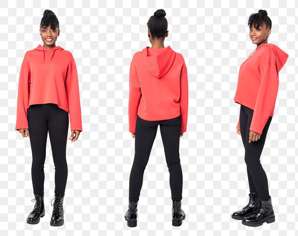 Woman png mockup in red hoodie streetwear apparel full body