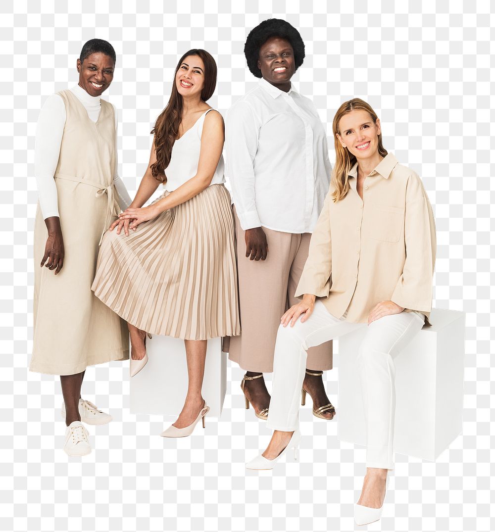 Png earth tone outfit mockup on diverse group of people for apparel ad