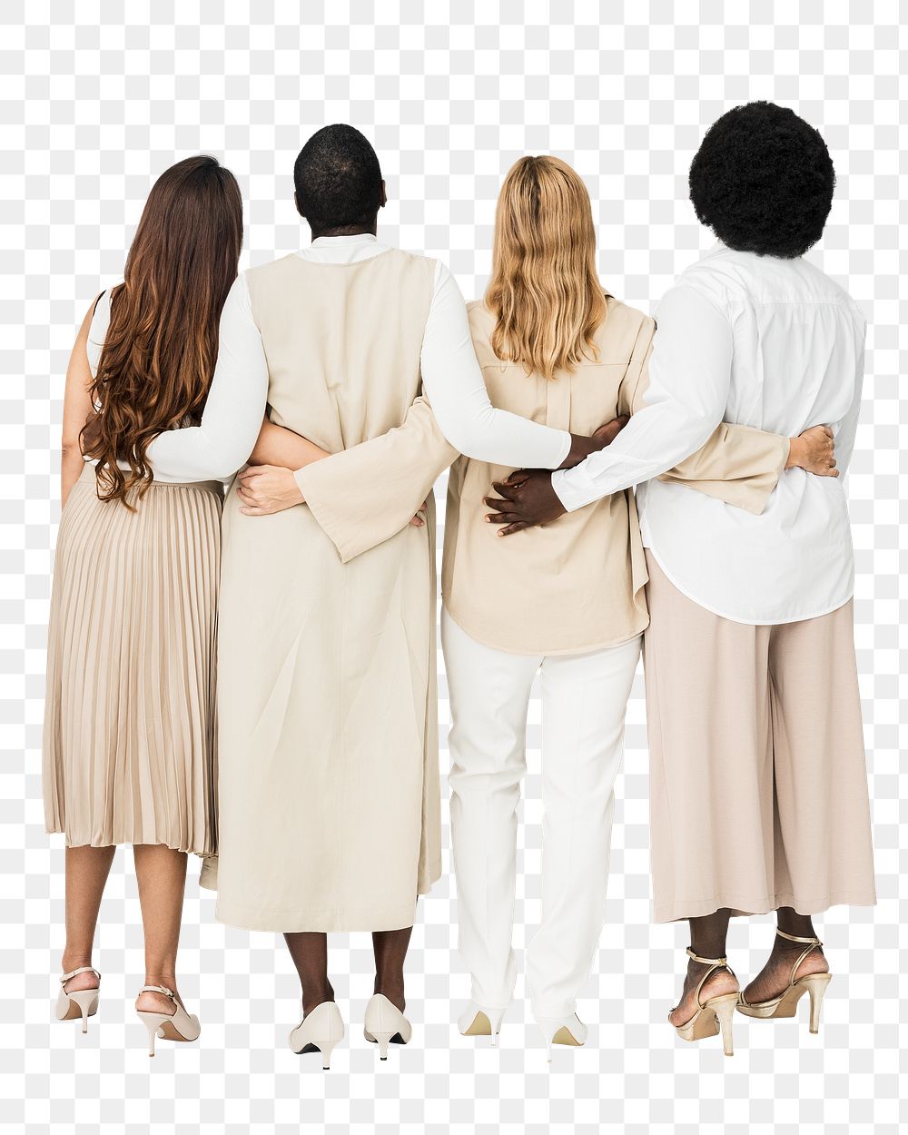 Png earth tone outfit mockup on diverse group of people for apparel ad
