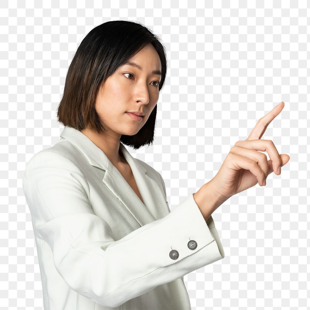 Asian businesswoman png mockup touching virtual screen