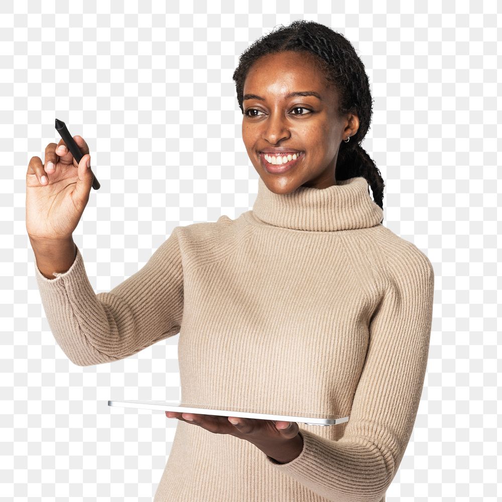 Businesswoman png invisible screen mockup with smart pen