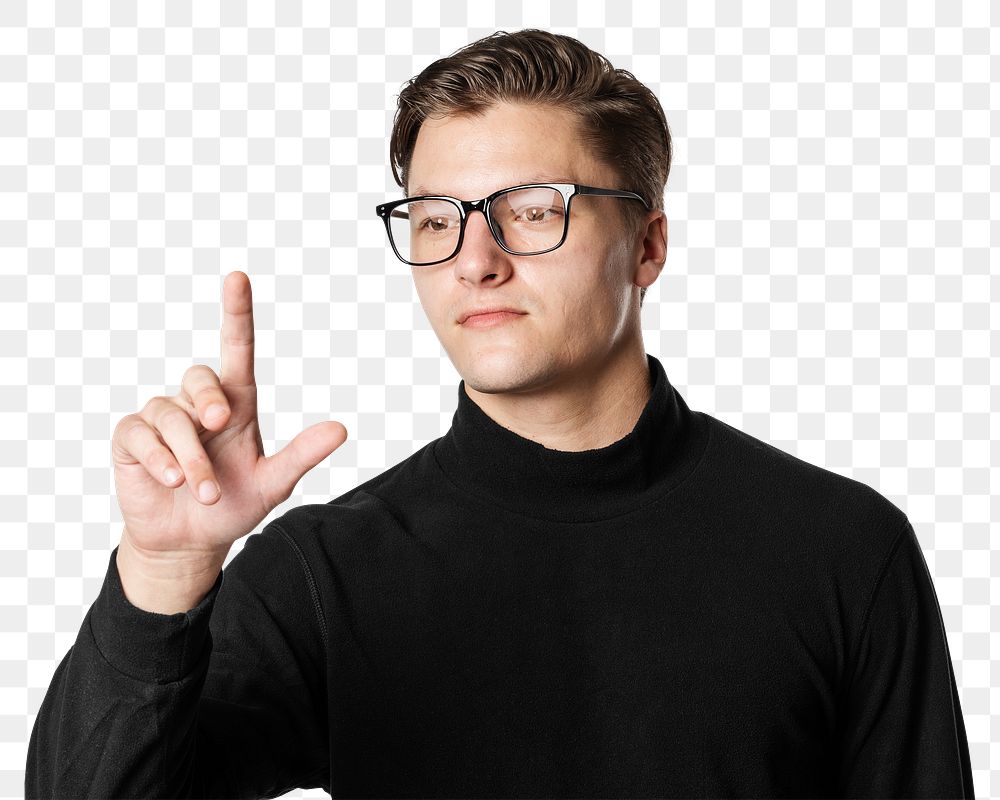 Man placing finger png on invisible screen