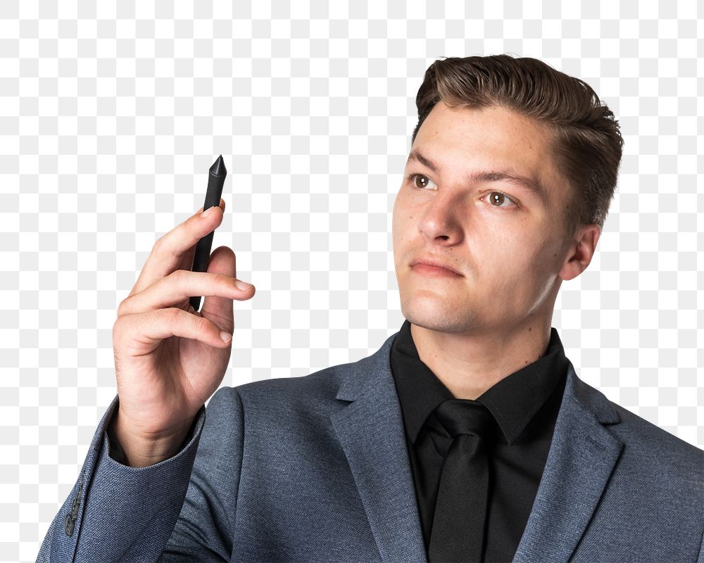 Businessman png writing on invisible screen mockup with smart pen
