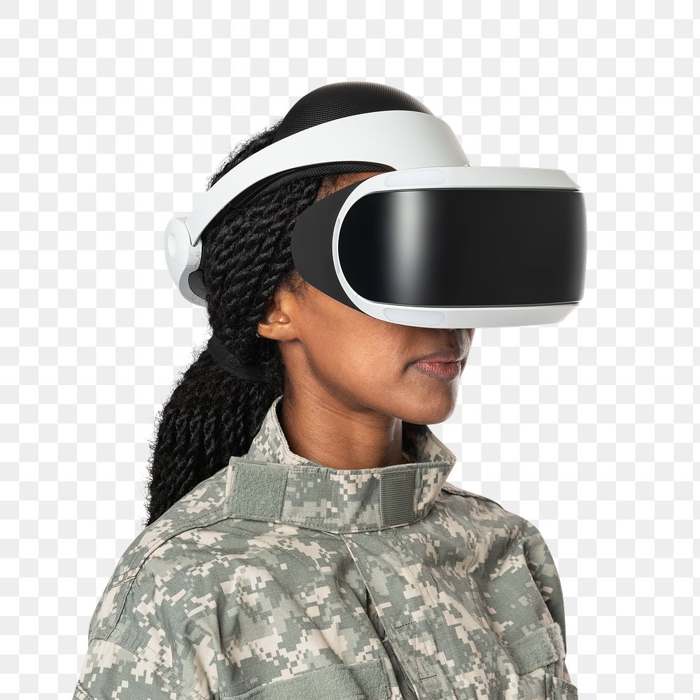 Female soldier wearing VR headset png mockup