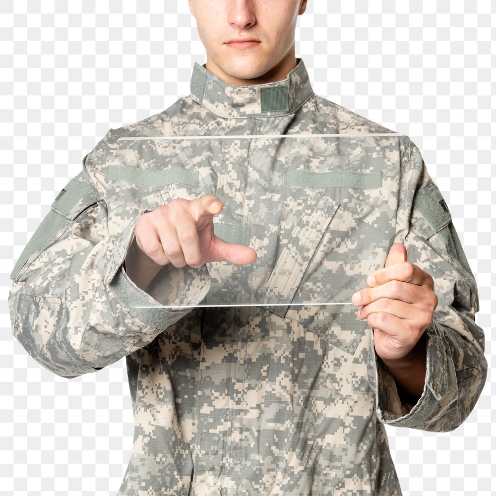 Military touching virtual screen png mockup