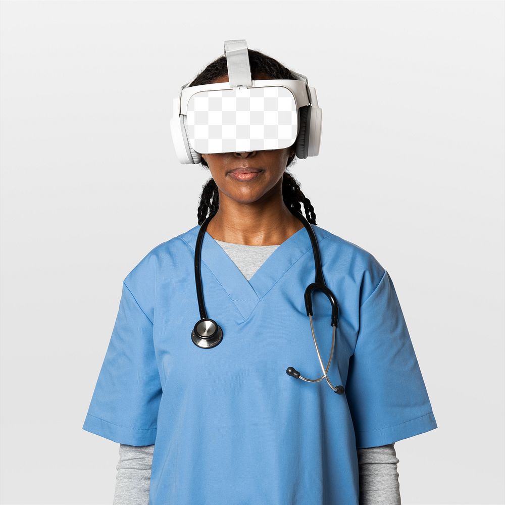 Doctor in VR glasses png mockup with medical uniform