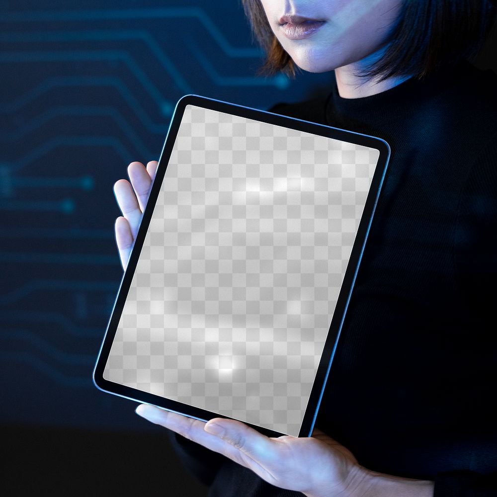 Asian woman showing png screen tablet innovative future technology