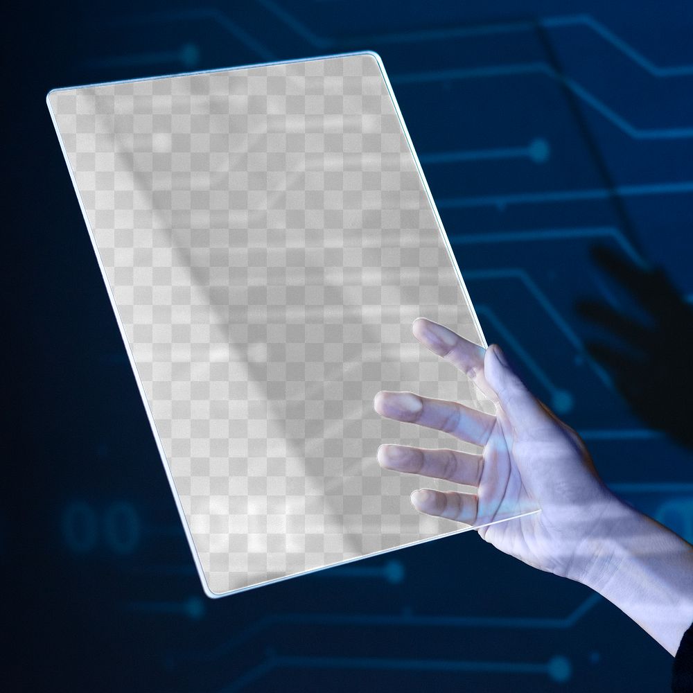 Businesswoman holding png transparent screen tablet mockup