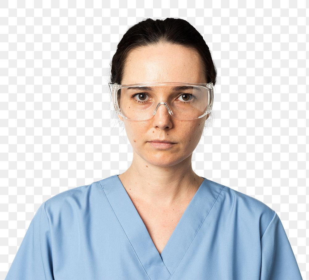 Doctor with transparent glasses png mockup in blue medical uniform