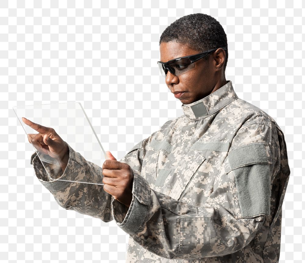 Military officer using png transparent tablet mockup army technology