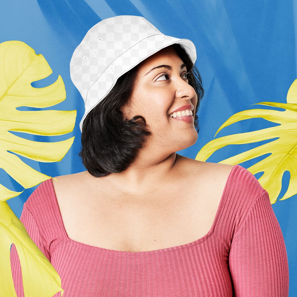Png body positivity white bucket hat happy model plus size model posing