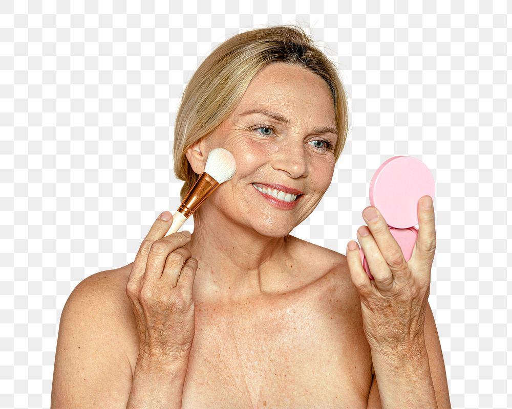 PNG woman applying blush collage element makeup, transparent background