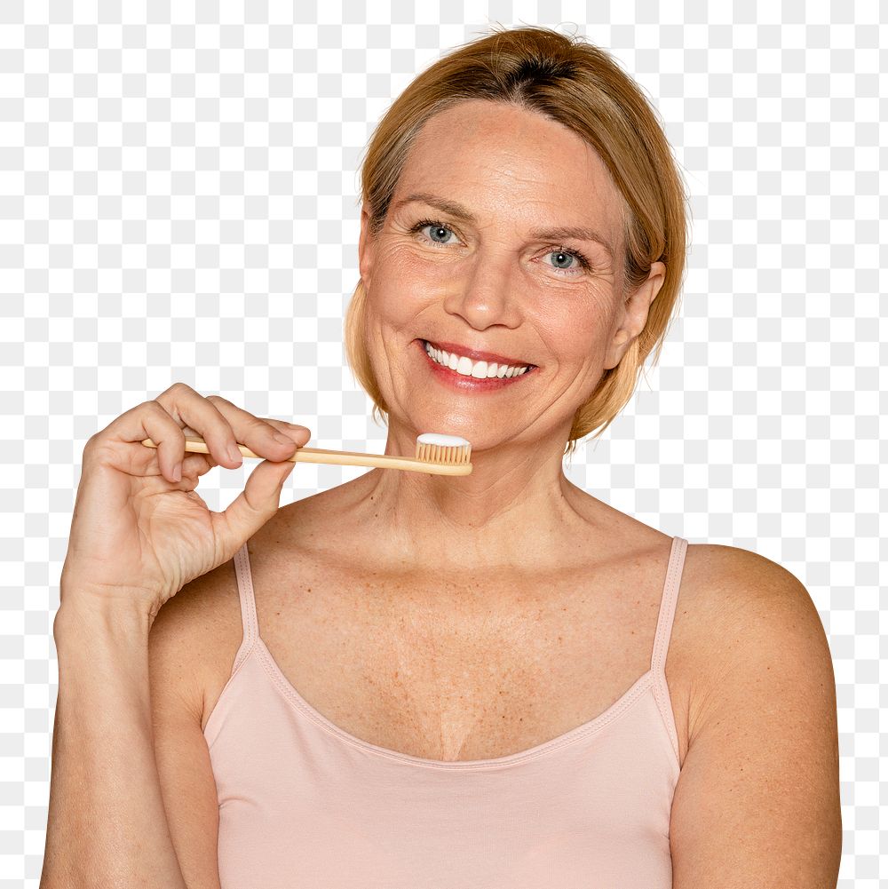 Woman brushing teeth png collage element, dental care transparent background