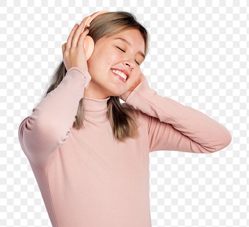 Woman png mockup listening to music from headphones