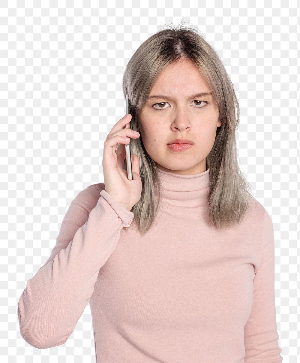 Annoyed woman png mockup on a call