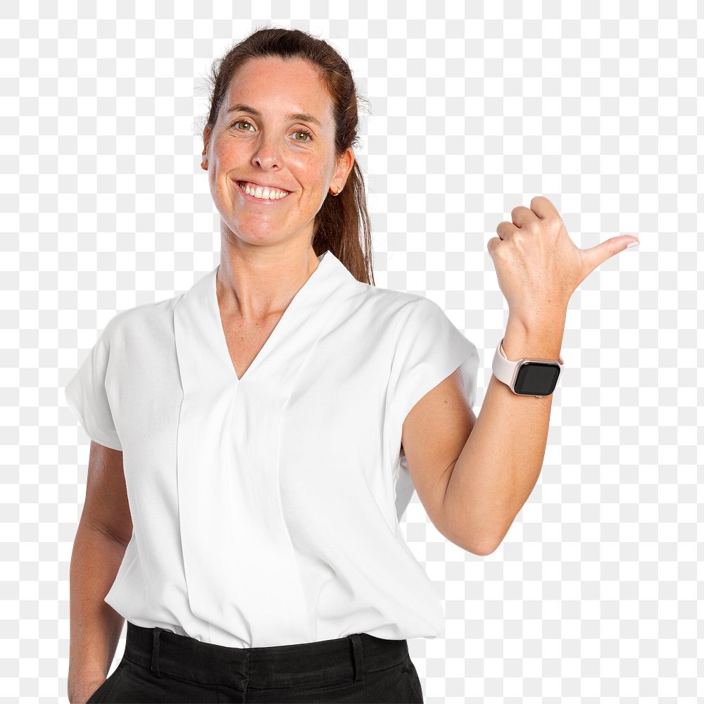 Female presenter png mockup pointing her thumb to the right hand side