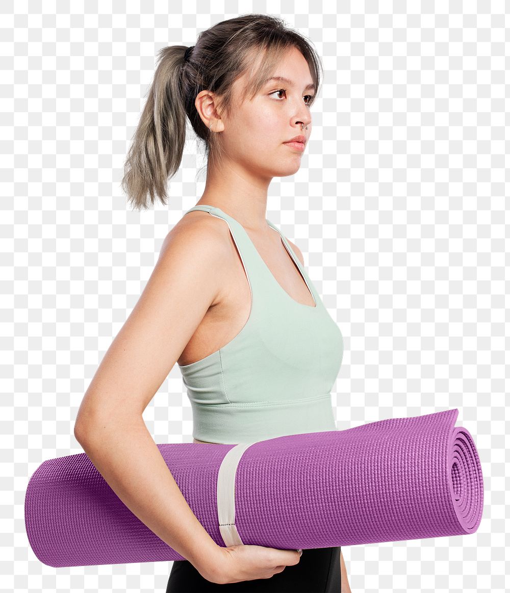 Active woman png mockup holding a yoga mat