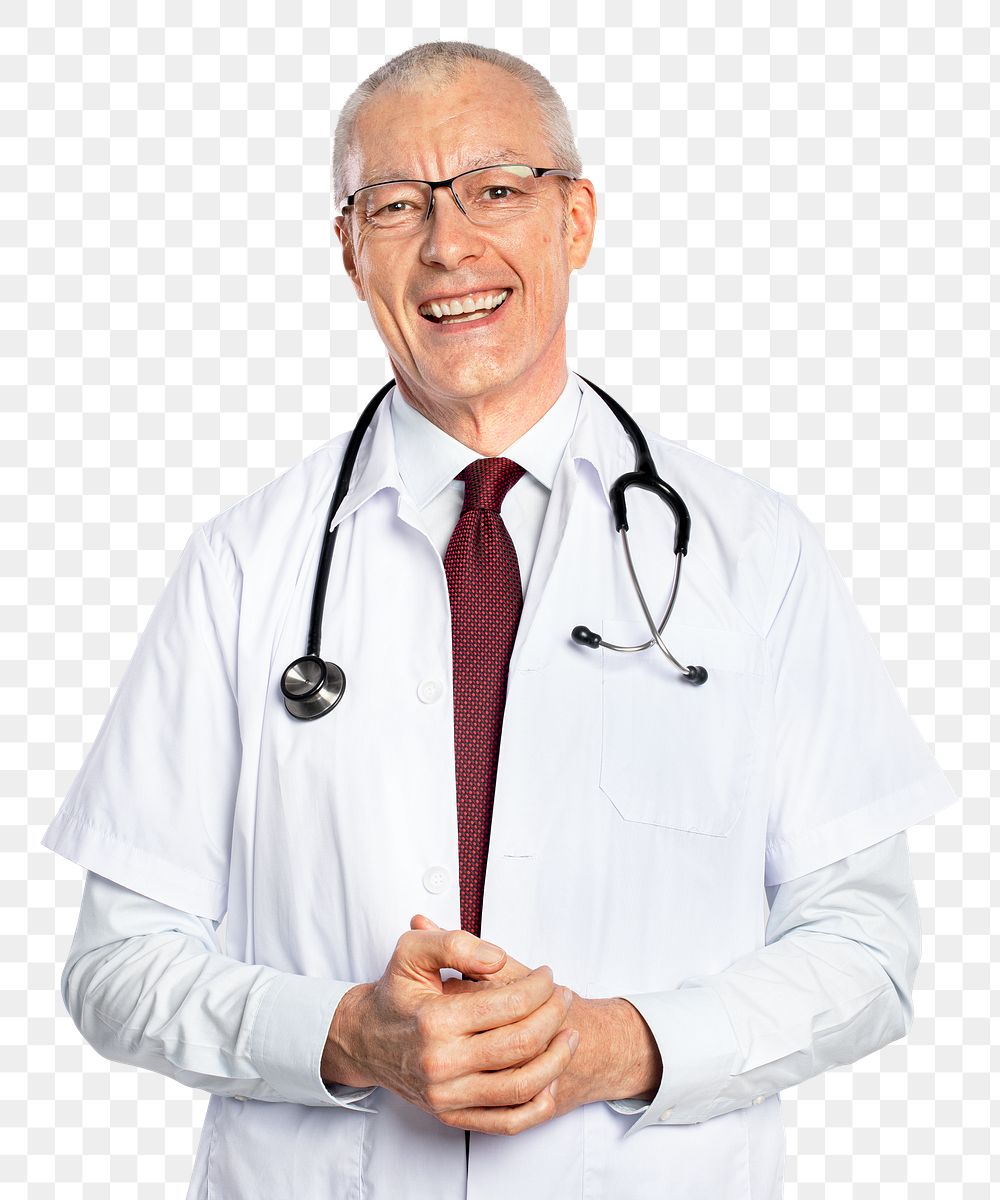 Cheerful male doctor png mockup in a white gown portrait