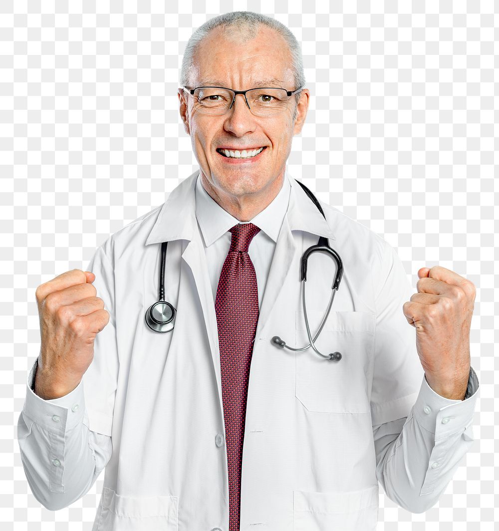 Cheerful male doctor png mockup in a white gown portrait
