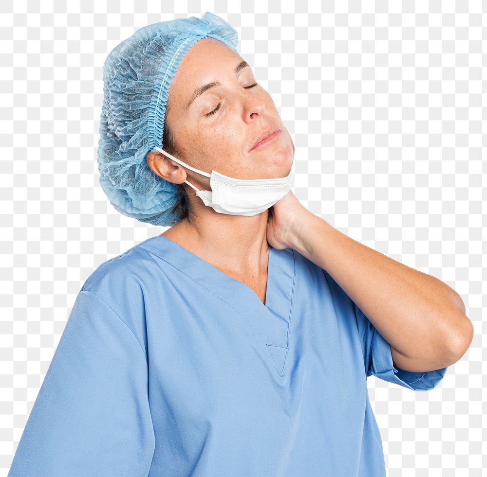 Tired female surgeon png mockup in a blue gown