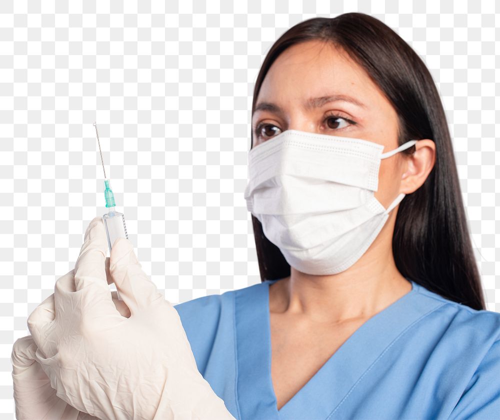 Female doctor png mockup holding a syringe