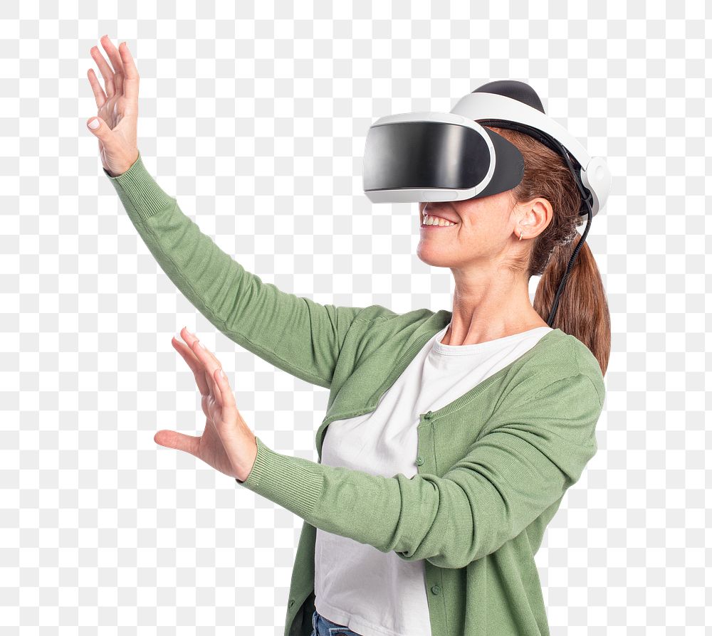 Woman png mockup experiencing VR entertainment technology